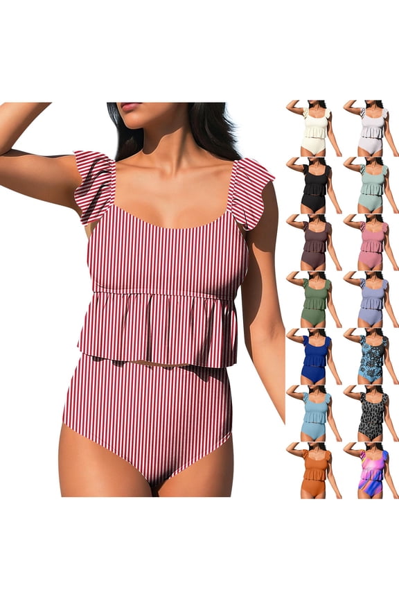 Women Two Piece Swimsuit Ruffle Sleeve Stripe Tankini Set High Waisted Tummy Control Modest Bathing Suit Scoop Neck Swimwear for Beach Vacation Pool Party