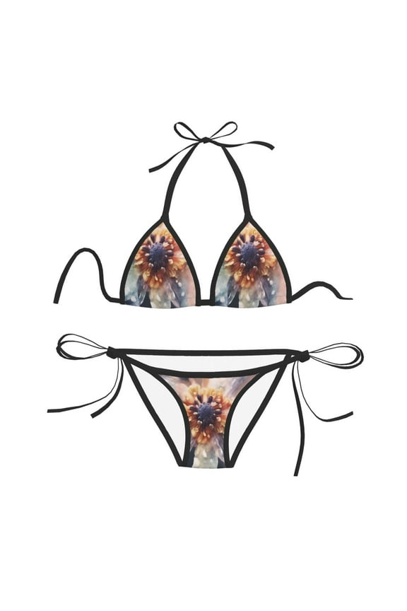 Women Two Piece Swimsuit Sexy Swimwear Halter String Triangle Bikini Sets - Clear Flower (2)