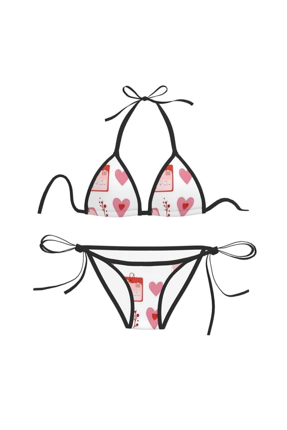 Women Two Piece Swimsuit Sexy Swimwear Halter String Triangle Bikini Sets - Heart Calendar Postcard (1)
