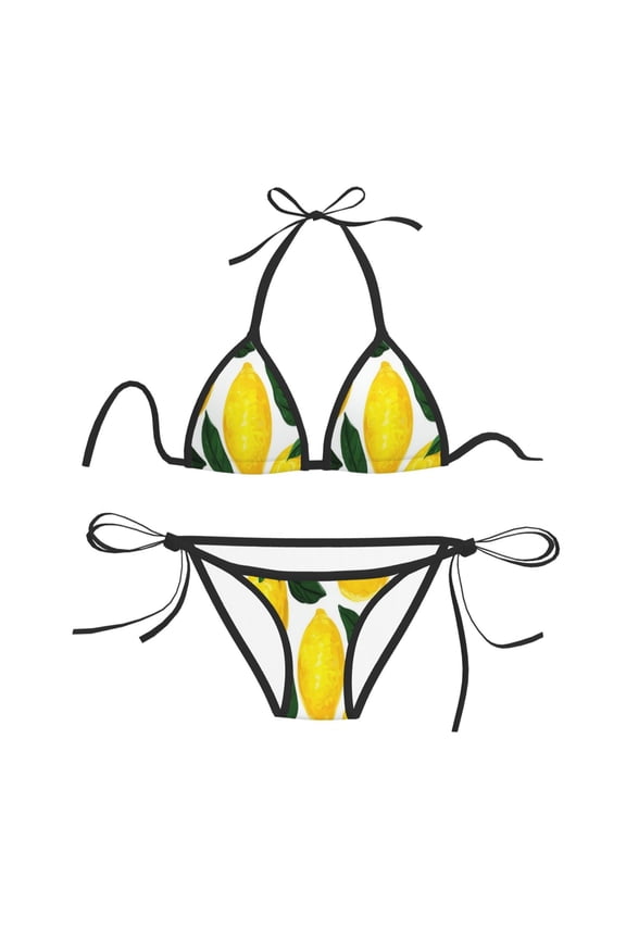Women Two Piece Swimsuit Sexy Swimwear Halter String Triangle Bikini Sets - Lemons Pattern