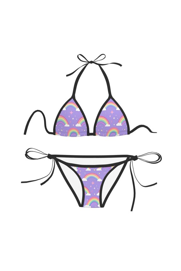 Women Two Piece Swimsuit Sexy Swimwear Halter String Triangle Bikini Sets - Purple Rainbow
