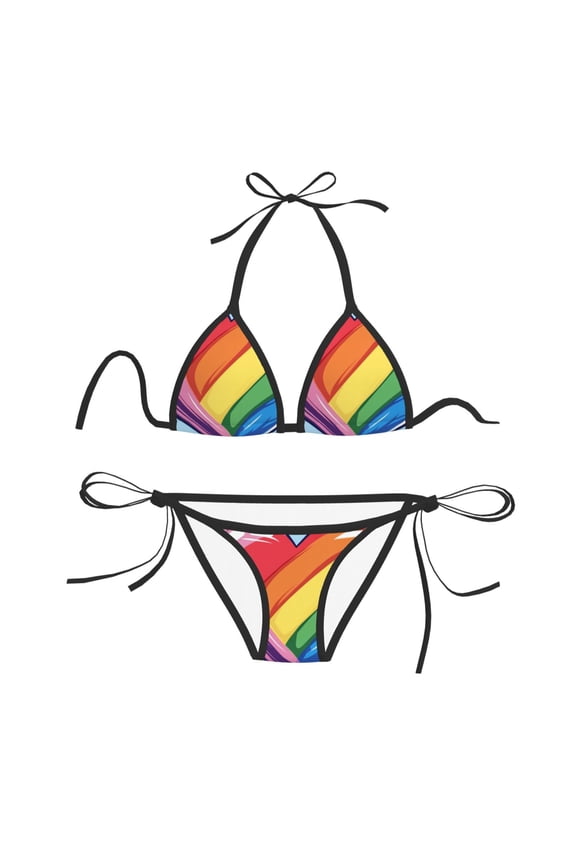 Women Two Piece Swimsuit Sexy Swimwear Halter String Triangle Bikini Sets - Rainbow Heart (1)