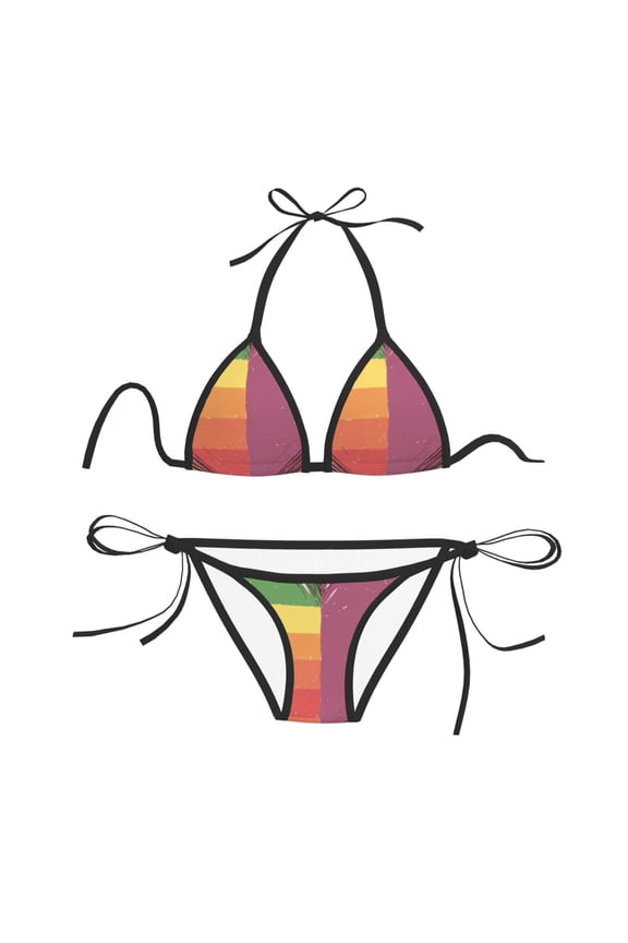 Women Two Piece Swimsuit Sexy Swimwear Halter String Triangle Bikini Sets - Rainbow Heart (2)