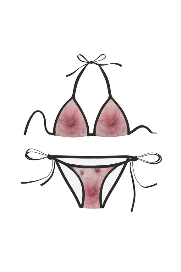 Women Two Piece Swimsuit Sexy Swimwear Halter String Triangle Bikini Sets - Transparent Pink Floral