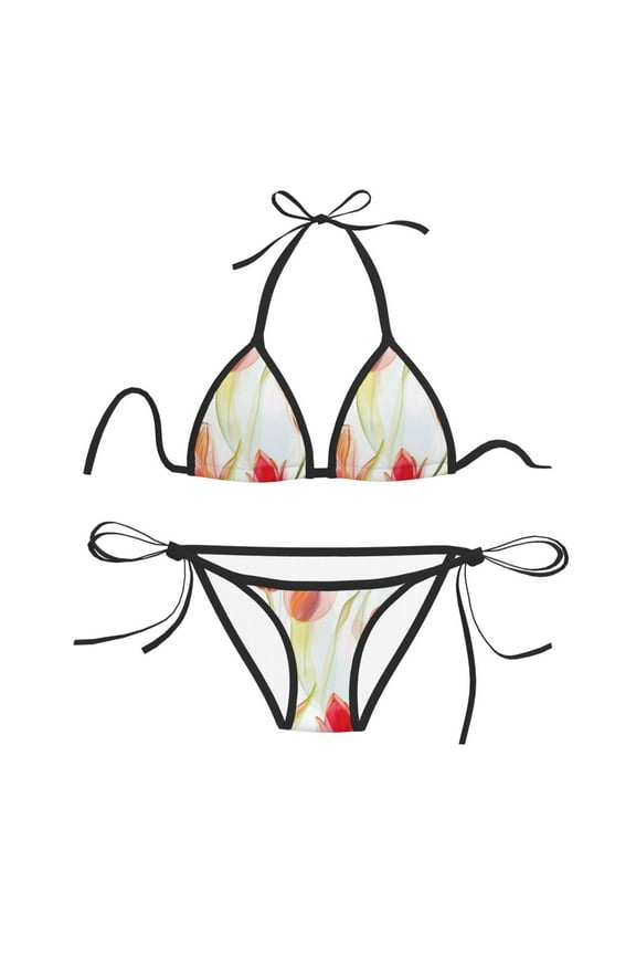 Women Two Piece Swimsuit Sexy Swimwear Halter String Triangle Bikini Sets - Transparent Tulipa Red