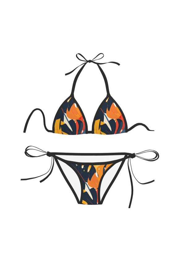 Women Two Piece Swimsuit Sexy Swimwear Halter String Triangle Bikini Sets - Tropical Plants Fall
