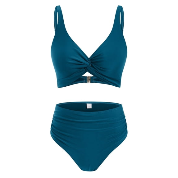 Women Two Piece Swimsuits High Waisted Bikini Set Tummy Control Bathing Suits Knot Twist Swimwear Blue L