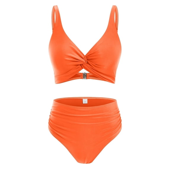 Women Two Piece Swimsuits High Waisted Bikini Set Tummy Control Bathing Suits Knot Twist Swimwear Orange L
