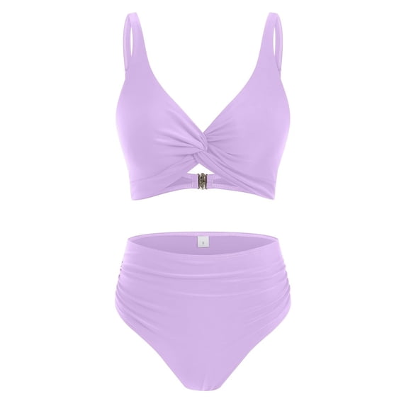 Women Two Piece Swimsuits High Waisted Bikini Set Tummy Control Bathing Suits Knot Twist Swimwear Purple M