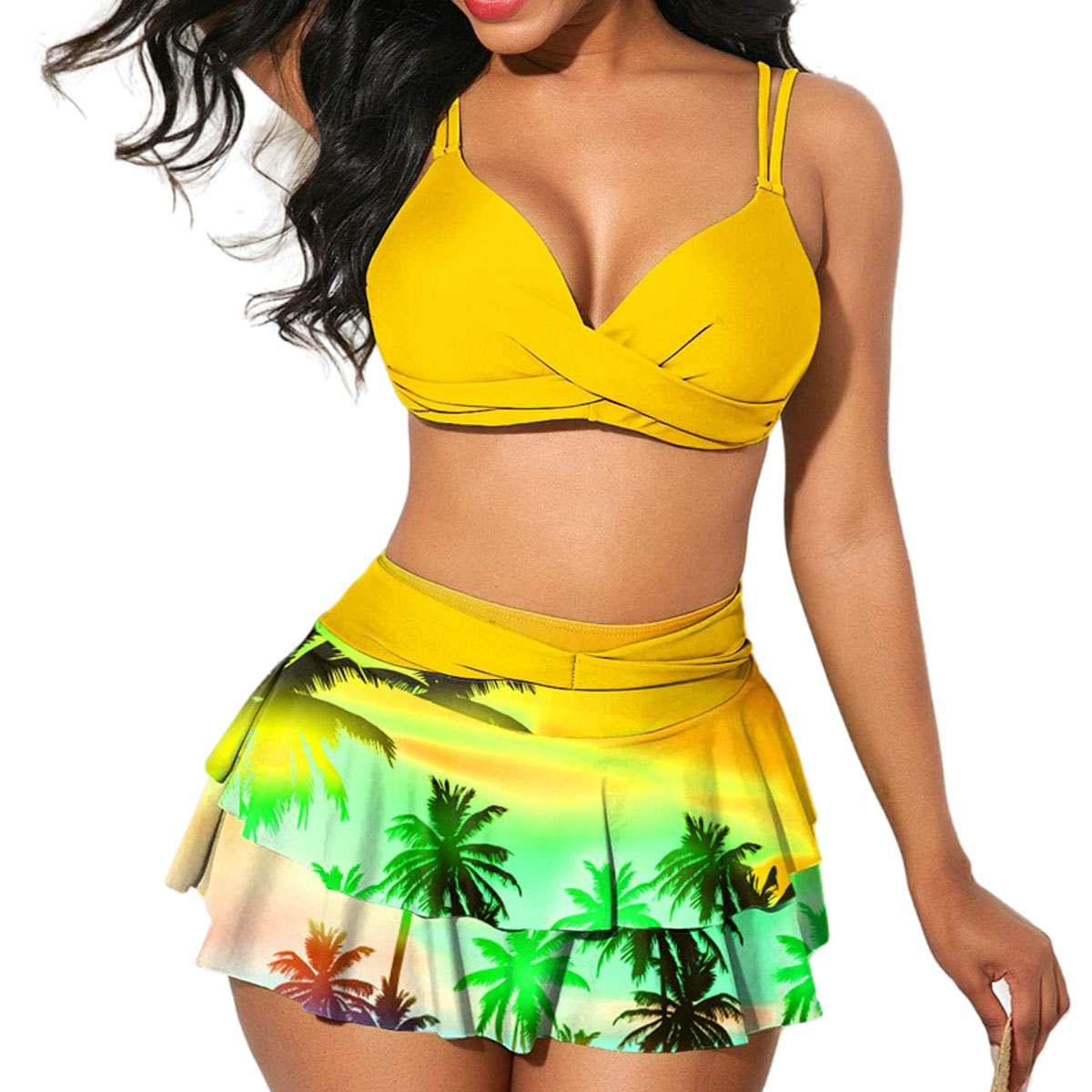 Women Two Piece Swimsuits Layered Ruffle Skirt with Brifes Beach