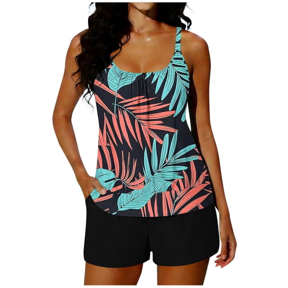 Women Two Piece Tankini Sets Front Pleated Sleeveless Tank Tops Pockets Shorts Modest Quick Dry Bathing Suit (XL, Sky Blue|Print)