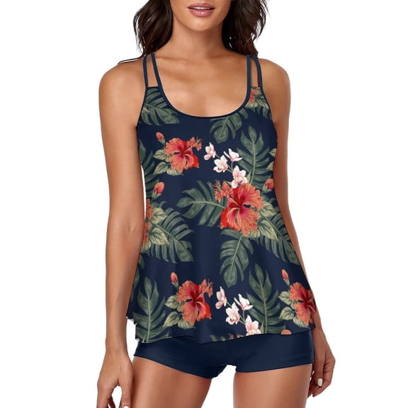 Women Two Piece Tankini Swimsuit Tummy Control Long Torso Top and High Waisted Boyshorts Bathing Suits