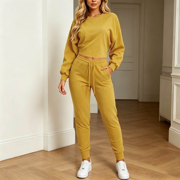 Women Two Piece Tracksuit Set Crew Neck Cropped Long Sleeve Sweatshirt Drawstring Jogger Pants Soft Streetwear Sports Sweatsuit Outfit Yellow S