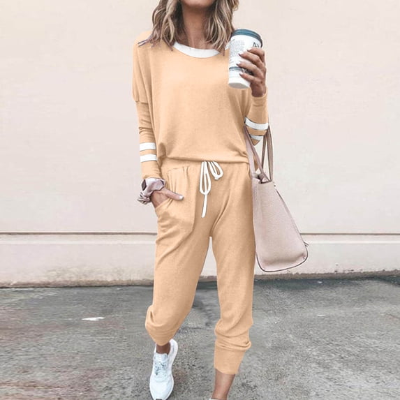 Women Two Piece Travel Outfits Sweatsuits Loose Color Block Long Sleeved Round Neck Tops Drawstring Jogger Pants Casual Tracksuit Beige XL