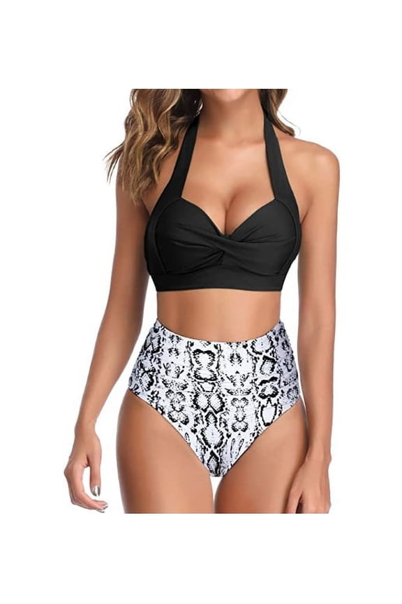 Women Two Piece Vintage Swimsuit Retro Halter Ruched High Waist Bikini with Bottom