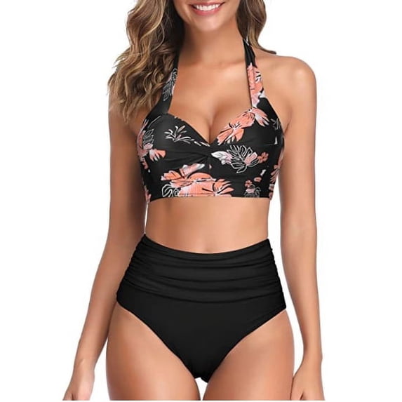 Women Two Piece Vintage Swimsuit Retro Halter Ruched High Waist Bikini with Bottom