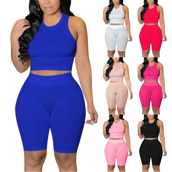 Women Two Piece Workout Outfit Ribbed Sleeveless Cropped Tank Tops Biker Shorts Set High Waist Stretchy Activewear Yoga Set Blue M