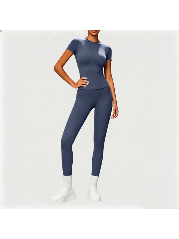 Women Two Piece Workout Set Fitted Short Sleeve Cropped Tops High Waist Leggings Set Stretch Soft Daily Yoga Running Activewear Outfit Navy M