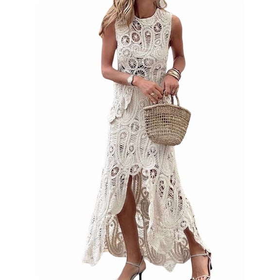 Women Two Pieces Skirt Sets Summer Cut Out Hi-Low Crochet Knit Long Dresses Apricot XL