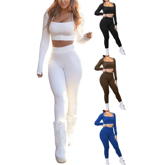 Women Two Pieces Yoga Seamless Work Out Outfit, Long Sleeve Workout Gym Jumpsuit 2 Pieces Clothes Set, Jogger Seamless Suit