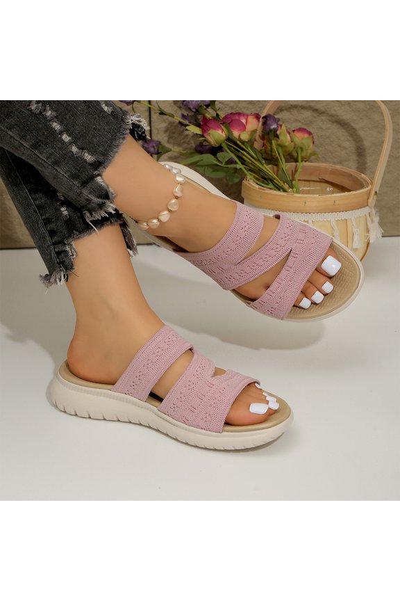 Women Two Strap Knit Slide Sandals Breathable Fly Woven Mesh Open Toe Platform Wedge Slip On Summer Walking Slippers