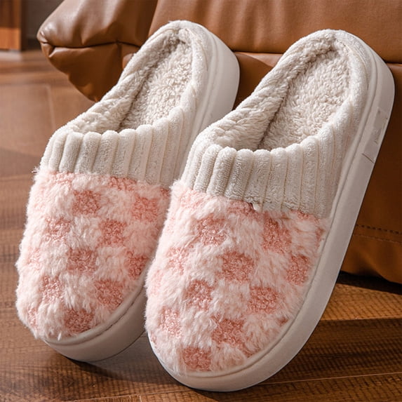 Women Two Tone Checkered Fuzzy Closed Toe Mule Slippers Corduroy Patch Thick Platform Non Slip Warm Indoor House Slides Pink 36