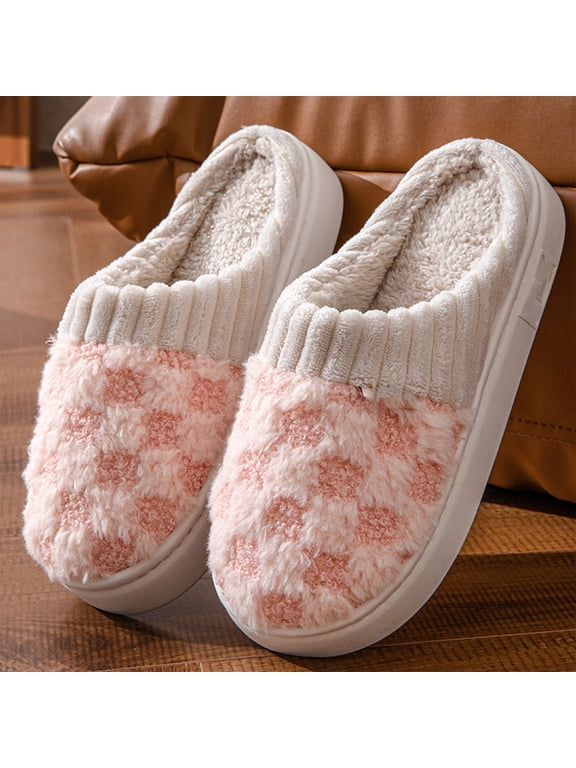 Women Two Tone Checkered Fuzzy Closed Toe Mule Slippers Corduroy Patch Thick Platform Non Slip Warm Indoor House Slides