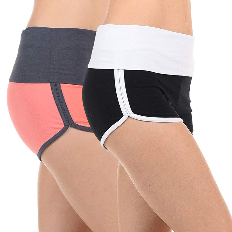 Women Two-Tone Dolphin Hem Foldover Elastic Waist Running Athletic Shorts 