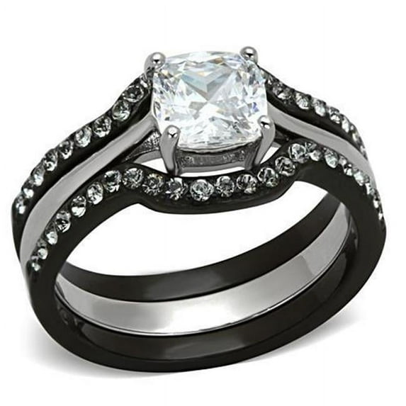 Women Two-Tone IP Black Stainless Steel Ring with AAA Grade CZ in Clear - Size 10