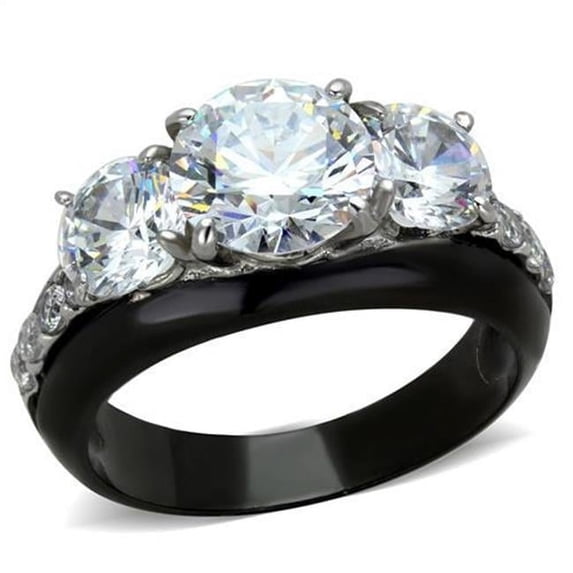 Women Two-Tone IP Black Stainless Steel Ring with AAA Grade CZ in Clear - Size 7