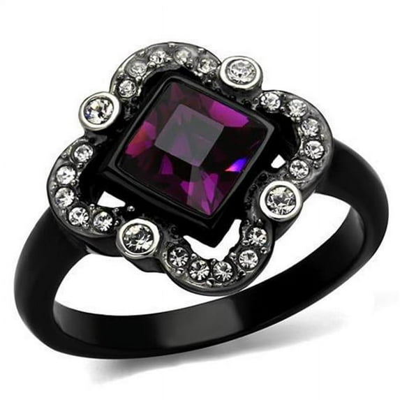 Women Two-Tone IP Black Stainless Steel Ring with Top Grade Crystal in Fuchsia - Size 7