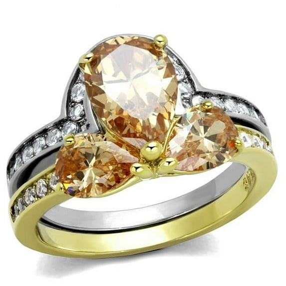 Women Two-Tone IP Gold Stainless Steel Ring with AAA Grade CZ in Champagne - Size 9