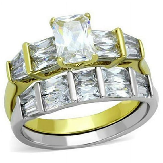 Women Two-Tone IP Gold Stainless Steel Ring with AAA Grade CZ in Clear - Size 10