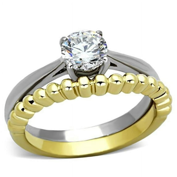 Women Two-Tone IP Gold Stainless Steel Ring with AAA Grade CZ in Clear - Size 10