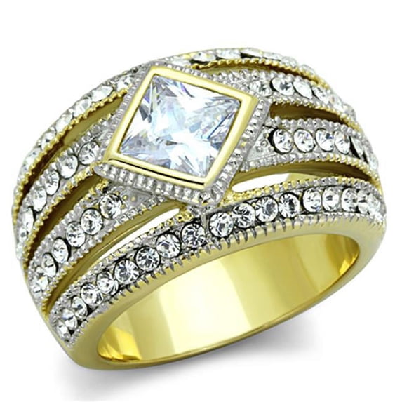 Women Two-Tone IP Gold Stainless Steel Ring with AAA Grade CZ in Clear - Size 9