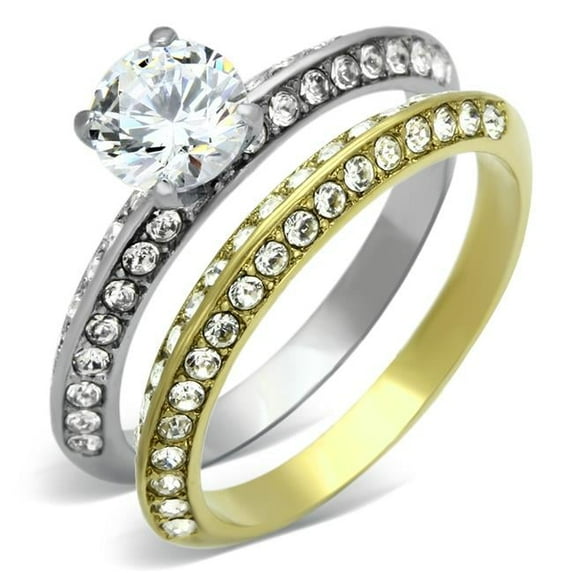 Women Two-Tone IP Gold Stainless Steel Ring with AAA Grade CZ in Clear - Size 9