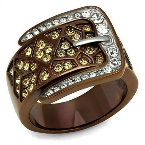 Women Two Tone IP Light Brown Stainless Steel Ring with Top Grade Crystal in Citrine Yellow - Size 6