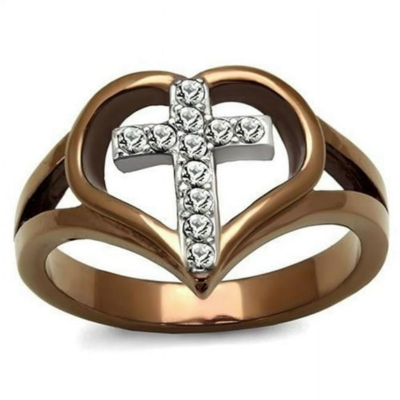 Women Two Tone IP Light Brown Stainless Steel Ring with Top Grade Crystal in Clear - Size 5