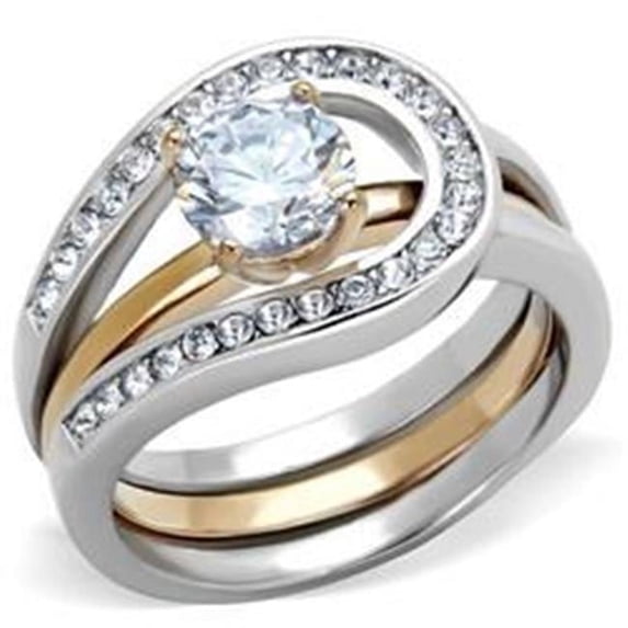 Women Two-Tone IP Rose Gold Stainless Steel Ring with AAA Grade CZ in Clear - Size 6