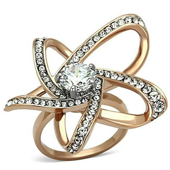 Women Two-Tone IP Rose Gold Stainless Steel Ring with AAA Grade CZ in Clear - Size 6