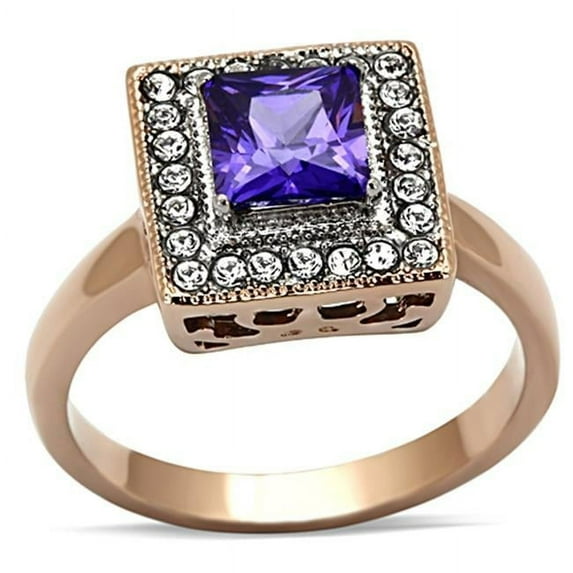 Women Two-Tone IP Rose Gold Stainless Steel Ring with AAA Grade CZ in Tanzanite - Size 6