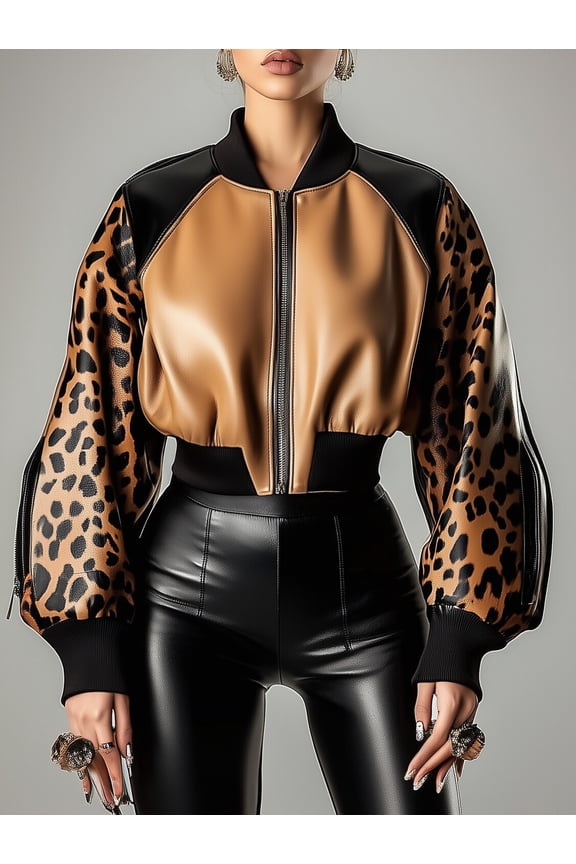 Women Two Tone Leopard Print Faux Leather Cropped Bomber Jacket Raglan Long Sleeve Zip Up Outerwear