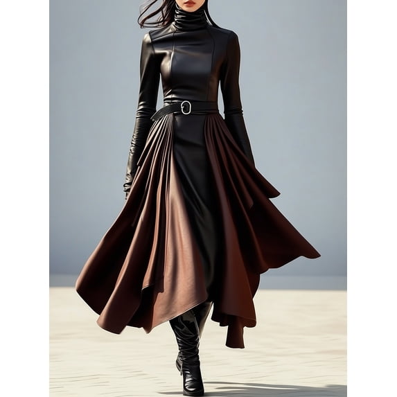 Women Two-Tone PU Leather Midi Dress Turtleneck Long Sleeve Waist Belt Irregular Ruffle Evening Dress