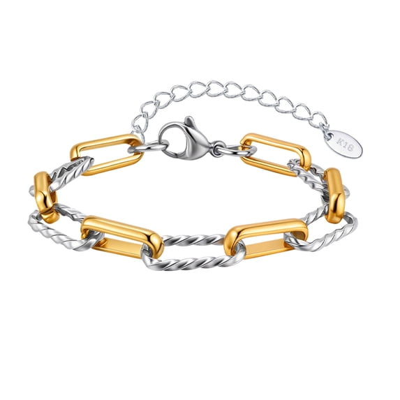 Women Two Tone Paperclip Chain Bracelet, 18K Gold Plated Stainless Steel Adjustable Chain Bracelet, Chunky Stackable Layered Decoration Jewelry Commemorative with You Accessories Trendy Best for Gift