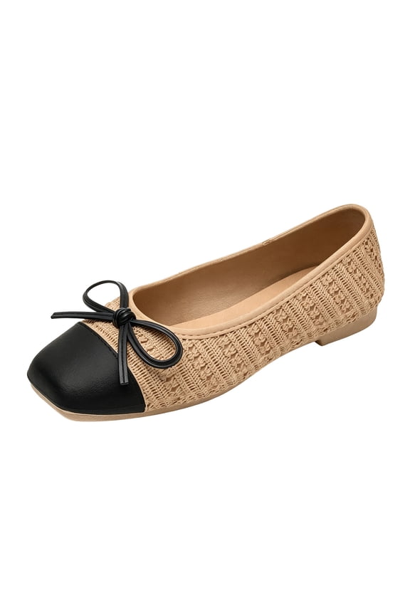 Women Two Tone Patchwork Square Toe Bow Flat Ballet Flats Fall Slip on Soft Comfy Versatile Daily office Walking Shoes Khaki A