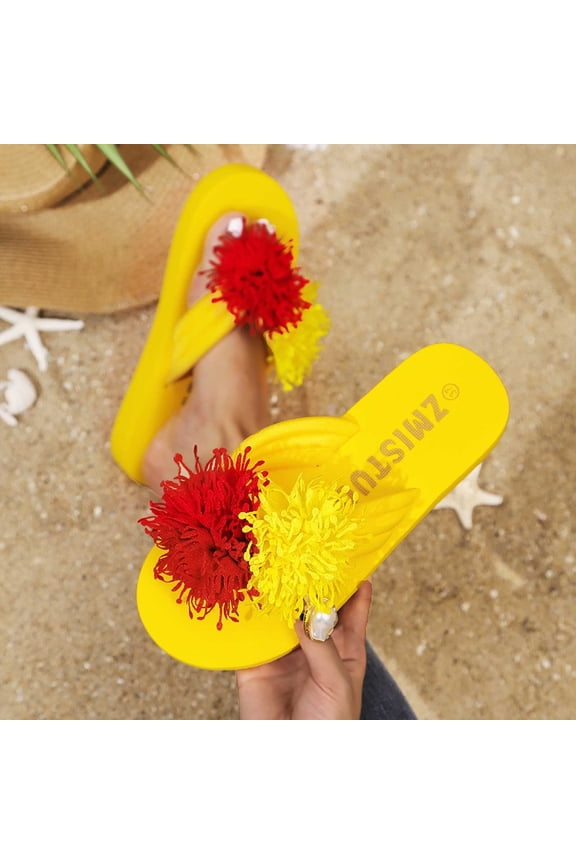 Women Two Tone Pom Pom Floral Flip Flops Open Toe Flat Summer Beach Sandals Yellow 8.5