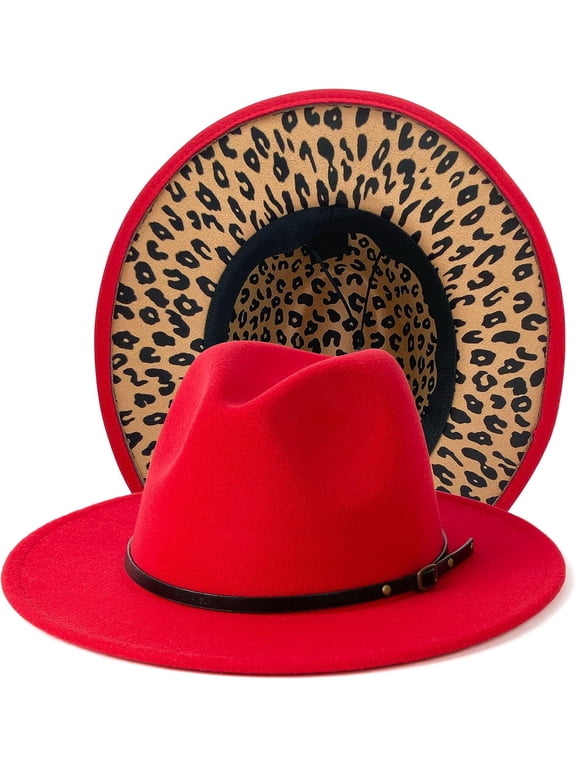 Women Two Tone Wide Brim Fedora Felt Panama Hats Classic Belt Buckle
