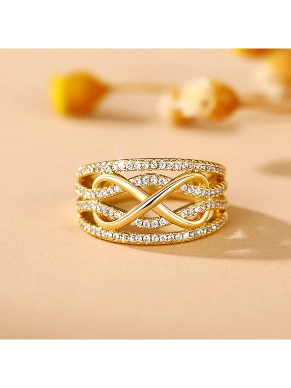 Women Two Tone Zirconia Crossover Intertwined Infinity& Heart Ring