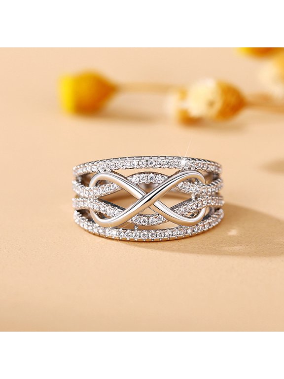 New Women Two Tone Zirconia Crossover Intertwined Infinity& Heart Ring