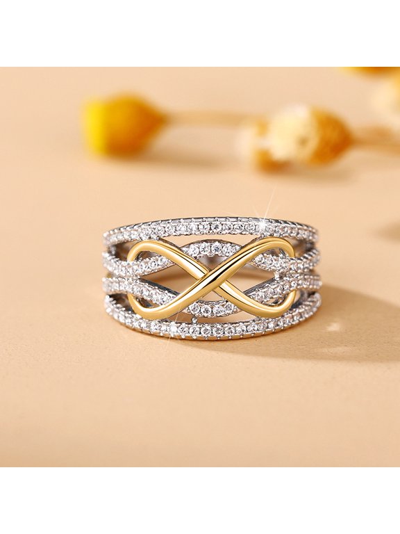 New Women Two Tone Zirconia Crossover Intertwined Infinity& Heart Ring
